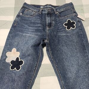 No Boundaries Women's Dark Blue Straight-Leg Jeans with Flower Patches
